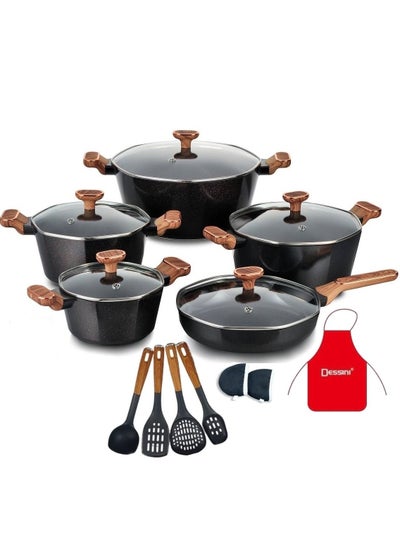 Buy 17-Pieces Granite Coated Cookware Set Includes 20,24,28 & 32cm Casserole With Lid, 28cm Deep Fry Pan with Lid and 7xCooking Tools in UAE