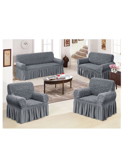 Buy 4-Piece Stretchable Sofa Cover Set Jacquard Fabric Seven Seater 3211 Combination Couch Cover Set Grey in UAE