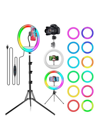 Buy 12" Selfie Ring Light, RGB Ring Lights with 63" Extendable Tripod Stand & Cell Phone Holder for Live Stream, LED Selfie Light 10 Brightness, Wireless Remote for iPhone & Android Phone in UAE