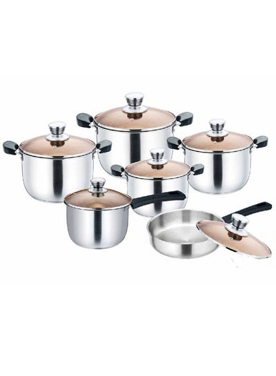 Buy Set of 12 Cookware Set - Stainless Steel Pots, Pans, Kitchen Utensils Set with Tempered Glass Lid in UAE