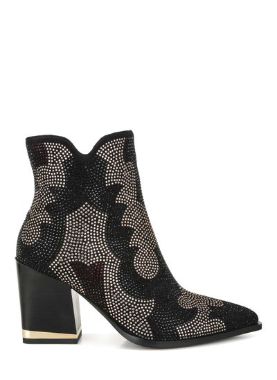 Buy Rhinestones Embellished Block Heel Boots in Black in UAE