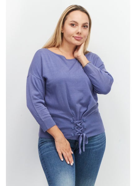 Buy Women Boat Neck 3/4 Sleeve Plain Sweater, Blue in UAE