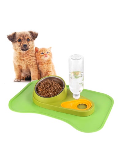 Buy SYOSI Pet Feeder and Waterer, Detachable Pet Water and Food Bowl Set with Automatic Water Dispenser Bottle and Waterproof Feeding Mat for Small Dogs Cats (Green) in UAE