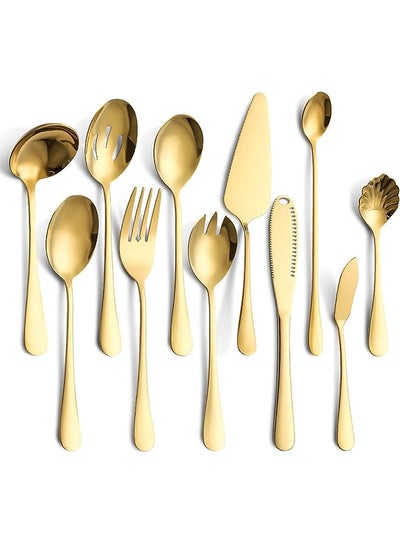 Buy Bifrost 11 Pieces Cutlery Serving Set,Stainless Steel Flatware,Buffet Catering Salad Serving Fork,Butter Spreader,Cake/Cheese knife,Serrated Edge,Mirror Finish,Dishwasher Safe (Gold) in UAE