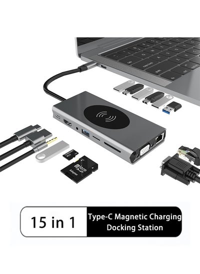 Buy 15-in-1 USB C Hub, Wireless Charging, HDMI VGA Port, 1000M Network Interface, PD Fast Charging, USB 3.0, USB 2.0, 3.5mm Audio Port, SD TF Card for PCs, Tablets and Phones in UAE