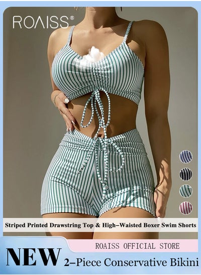 Buy Women 2 Piece Swimsuit Sports Bra Top & Shorts Striped Age Reducing Drawstring Design Quick Drying Fabric Moisture Wicking and Breathable Provides Coverage and Modesty without being Revealing in UAE