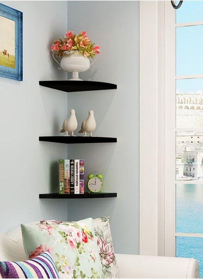 اشتري Floating Corner Wall Shelf 3Pcs Triangle Bookshelf Home Decor 3 Tier Display Organizer 40cm Black في الامارات