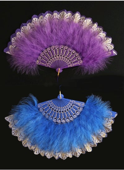 Buy Feather Hand Fans, 2 Pieces Folding Hand Fans Queen Fans for 20s Women Clothing Party Dance Photography Wedding Decoration (Blue, Purple) in Saudi Arabia