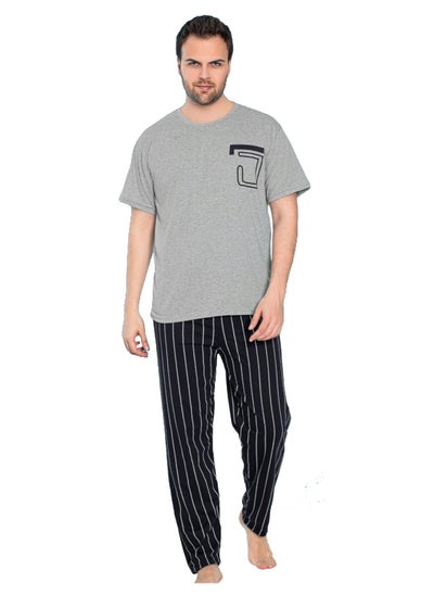 Buy Turkish Cotton T-Shirt and Pants Pyjama Set Homewear Loungewear Grey/Dark Navy in UAE