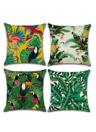 Buy Throw Pillow Covers Green Cushion Covers Leaf Tropical linen pillow covers with flamingo Pack of 4 square jungle throw pillowcase For sofa couch bedroom outdoor cushions 45 cm 45 cm in Saudi Arabia