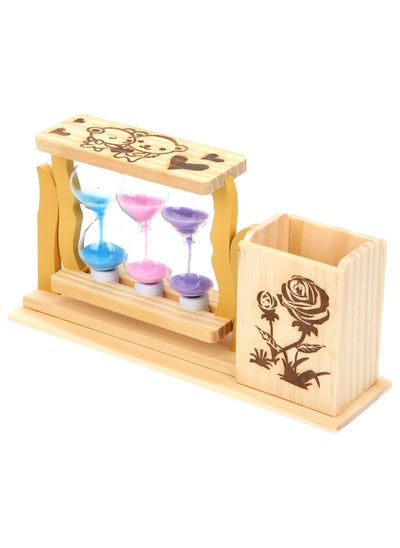 Buy Wooden Pen Holder with 3pcs Decor Hourglass for Office Home Desk Shelf Pencils, Stationery Decoration (Flower, 19x10cm) in UAE