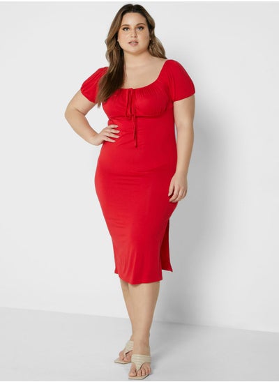 Buy Red Plus Size Jersey Tie Front Milkmaid Midi Dress in Saudi Arabia