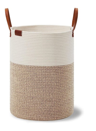 Buy Large Dirty Clothes Hamper with Leather Handle, Woven Rope Storage Basket for Blanket, Toy In Living Room, Bathroom, Bedroom - 58L White & Brown in Saudi Arabia
