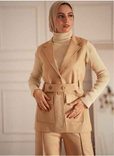 Buy **Beige Winter Suit Set with Pants, Padded Vest, and Belt (XL70-80) - by Stilo in Egypt