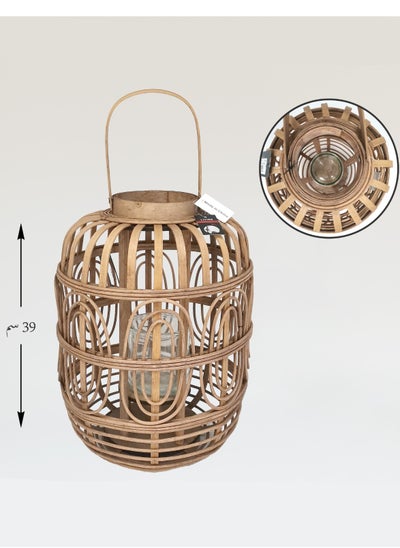 Buy Wooden bamboo lantern and candle holder , 39 cm in Saudi Arabia