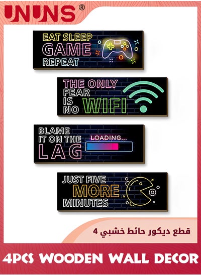 اشتري 4 Pieces Neon Gaming Decor for Boys Room,Wooden Video Game Wall Art Print,11.41 x 3.93 Inch Motivational Quote Gamer Hanging Plaques Wall Decor for Boys Kids Room Bedroom Playroom Decor في الامارات