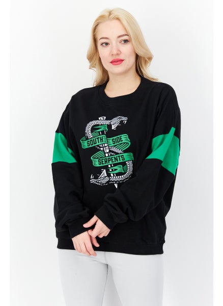 Buy Women Crew Neck Long Sleeve Graphic Print Sweatshirt, Black/Green in Saudi Arabia