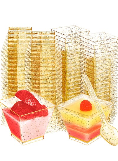 اشتري Mini Glitter Dessert Cups, Disposable Square Plastic Cake Cups with Spoons Set for Parties Birthday Dinner Party 60ml Small Quartet of Tasting 100pcs (50 + 50 Spoons) في الامارات