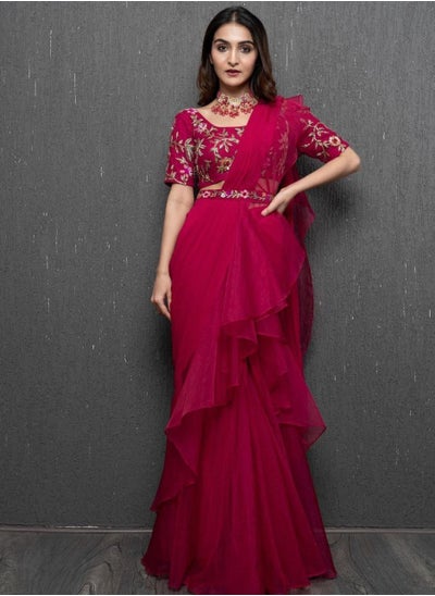 Buy Pink Designer Ruffle Ready To Wear Stitched Saree With Stitched Blouse Piece in UAE