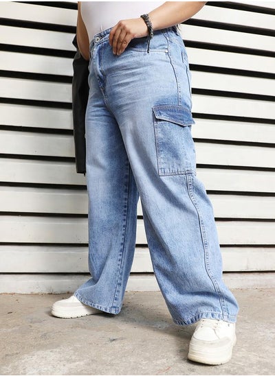 Buy Plus Size Wide Leg Faded Cargo Jeans in Saudi Arabia