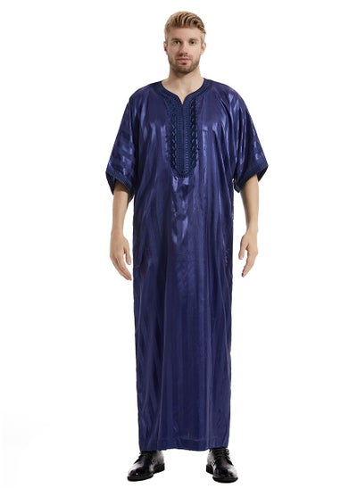 اشتري Men's Solid Color Short Sleeve Kandora Islamic Arabic Embroidery Kaftan Robe Navy Blue في الامارات