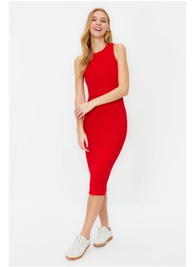 Buy Red Ribbed Bodycone/Fitting Crew Neck Stretchy Midi Knitted Pencil Dress TWOSS22EL1575 in Egypt