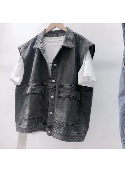 اشتري Japanese Cityboy Denim Vest Men Casual Sleeveless Jacketblack gray black gray في الامارات