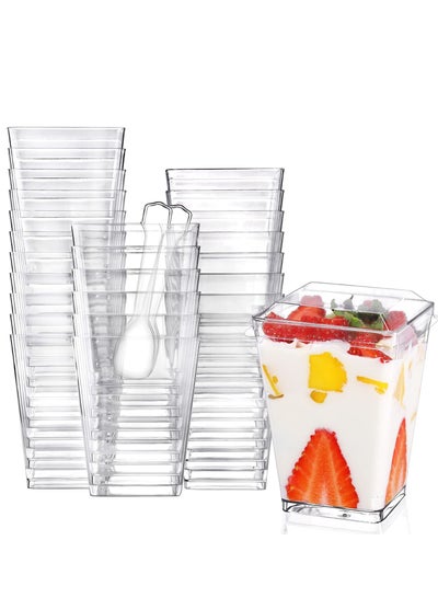 Buy Plastic Dessert Cups with Lids and Spoons, 50 Pack Square Appetizer Small Clear Tumbler Set for Party Mini Puddings Mousse 5 Oz in Saudi Arabia