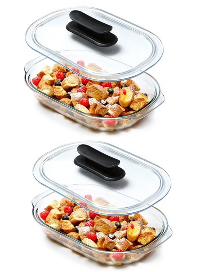 Buy 3 Liter Glass Casserole Dish With Glass Lid, Easy Grip Handle, Oval Oven Safe Glass Bakeware with Lid (Set of 2) in UAE