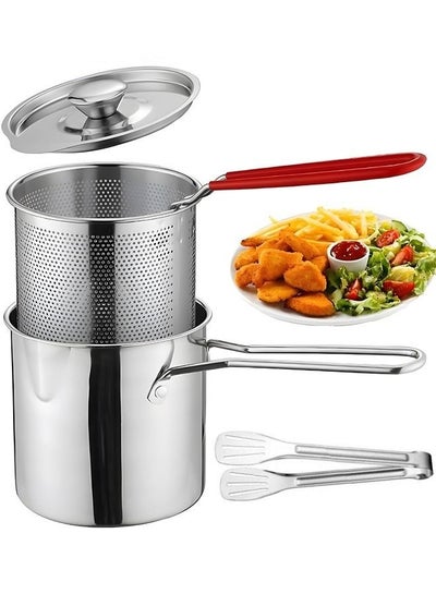 Buy 4PCS 304 Stainless Steel Japanese Style Deep Fryer Pot,1.2L With Oil Filter Mesh,Lid And Clip in UAE