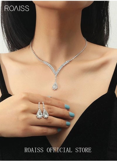 Buy 3 Pcs Rhinestone Necklace Earrings Set Drop-shaped Pendant V-neck Chain Ear Dangle Bridal Evening Dress Accessories for Women Silver/Clear in UAE