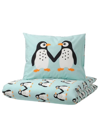 اشتري Duvet cover and pillowcase, penguin pattern/light turquoise, 150x200/50x80 cm في السعودية