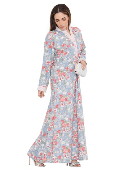 Buy LONG VISCOSE FLORAL PRINTED COLLAR ARABIC KAFTAN JALABIYA FARASHA DRESS in Saudi Arabia