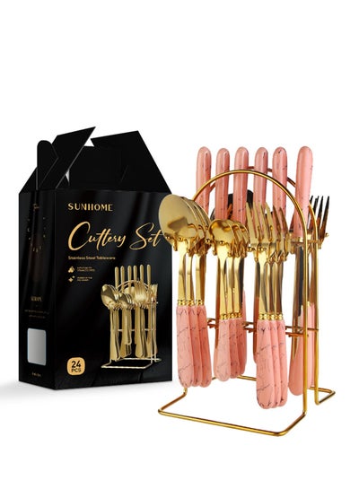 Buy 24-piece Stainless Steel Cutlery Fork,Knife And Spoon Set With Stand Pink in Saudi Arabia
