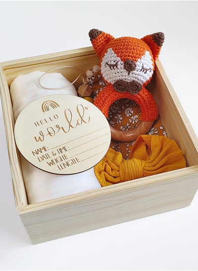 Buy Ultimate Natural Welcome Baby Gift Set – Organic Newborn Essentials with Handmade Fox Rattle, Soft Bib, Cozy Blanket, and Personalized Wooden Plaque in a Luxurious Wooden Box in UAE