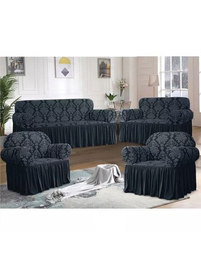 Buy 4 piece 7 Seater(3+2+1+1)Stretchable Sofa Cover Set with Ruffle Skirt Dark Grey in Saudi Arabia