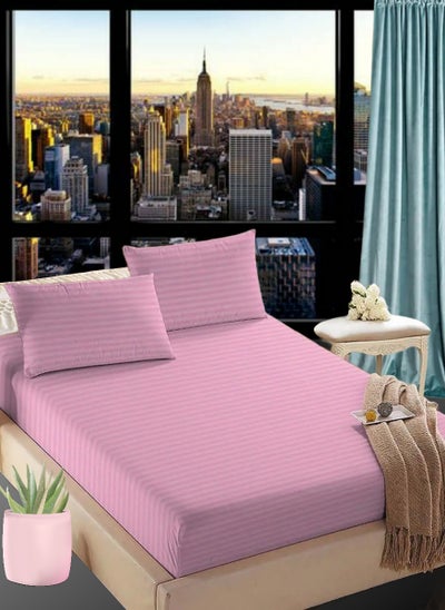 Buy Faded Pink King Size Stripe Bed Sheet Set Cotton 200x200+20cm in UAE