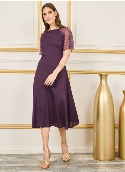 Buy Spot Mesh Sleeves Crepe A-Line Midi Dress in Saudi Arabia