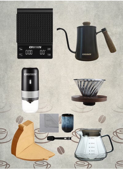 Buy V60 Coffee Maker Set, 9-Piece Electric Coffee Grinder Drip Coffee Maker Set With Portable Hand-held Gift Box，Hand Brewing Coffee Accessories Kit in Saudi Arabia