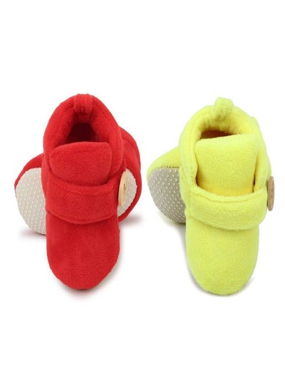 اشتري Superminis Baby Girls And Baby Boys Velvet Soft Base Booties/Shoes With Wooden Button, Pack of 2 (6-12 Months, Red And Lemon) في الامارات