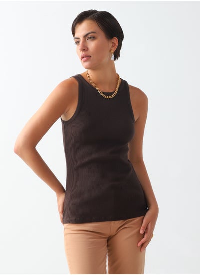 Buy Women's Cotton Slim-fit sleeveless tank top Relaxed Fit Pull On Closure Brown in UAE