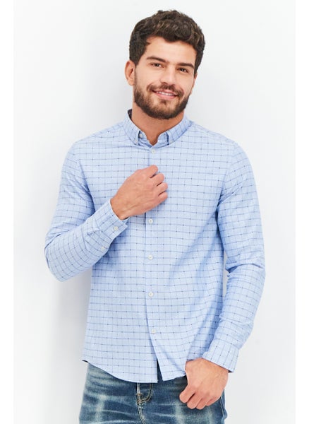 اشتري Men Regular Fit Checkered Long Sleeve Casual Shirt, Sky Blue في الامارات