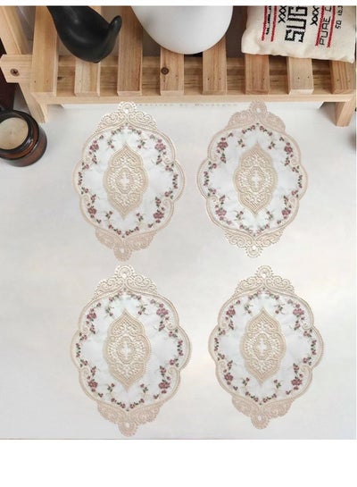Buy 4-Piece Set Home Decor Vintage Embroidery Polyester Yarn Lace Table Place Mat For Coffee Tea Dessert Tray Mat 37 x 25 Centimeter in UAE