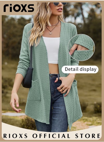 Buy Women's Mid-long Cardigan Sweater Coats with 2 Side Pockets Knitted Open Front Coat Soft and Warm Solid Color Coat for Autumn in Saudi Arabia