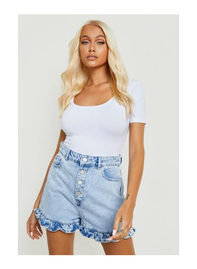 Buy Frill Hem Exposed Button Denim Shorts in UAE