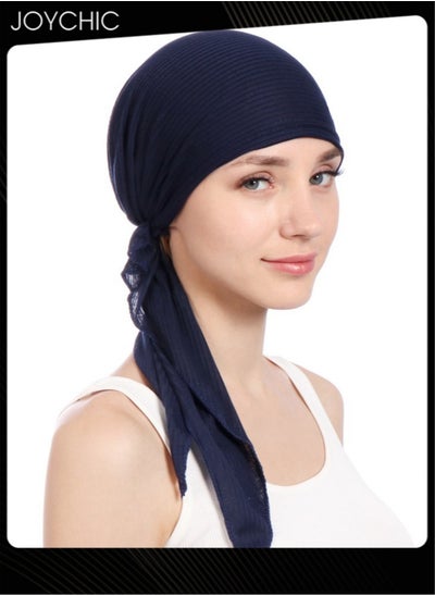 Buy Women Solid Color Wrinkle Turban Cotton Chemo Hat Casual Windproof Head Scarves Slip-On Pre-Tied Hijab  for Ladies All Seasons Navy in UAE