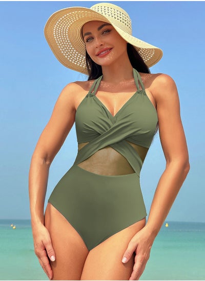 Buy Women's Mesh Stitching One Piece Swimsuit Halter V-Neck Bathing Suits Army Green in Saudi Arabia