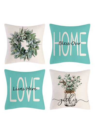 اشتري Throw Pillow Covers 18x18 Set of 4 Farmhouse Teal Pillow Covers Cushion Cases Decorative Pillowcases for Sofa Couch Living Room Outdoor Home Decor 45x45cm في الامارات