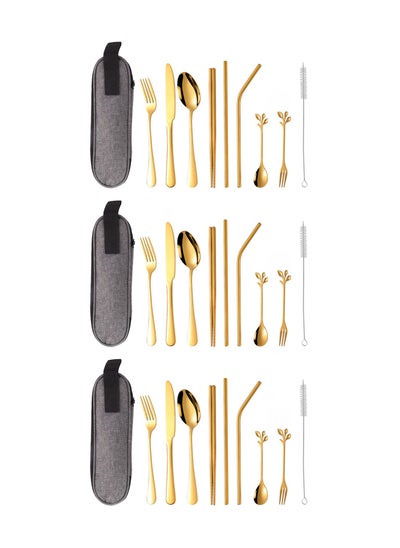 Buy 3X 9 Pieces Portable Stainless Steel Flatware Set, Reusable Travel Utensils Cutlery Set, Camping Tableware Dishwasher Safe with Case, Knife Fork Spoon Straws Chopsticks Cleaning Brush (Golden) in UAE