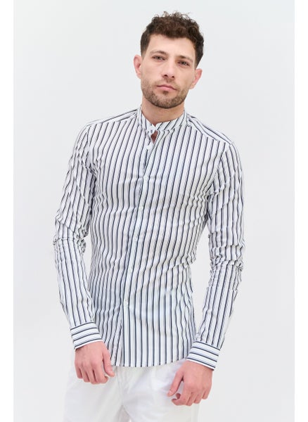 Buy Men Slim Fit Long Sleeves Stripe Casual Shirt, White/Black in UAE